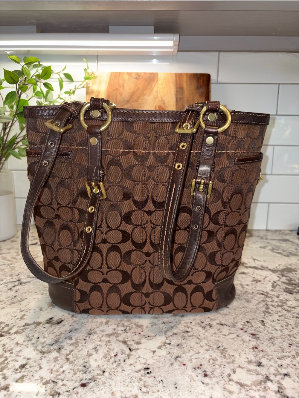 Coach Signature Brown Canvas Tote Leather Trim Preowned